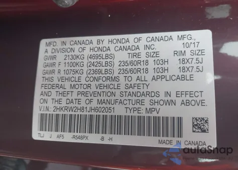 2018 Honda Cr-V Ex-L/Ex-L Navi из США, поврежденный, VIN 2HKRW2H81JH602051